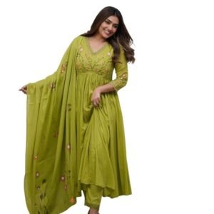 Home Women's Cotton Embroidered Long Anarkali Kurti with pant and Dupatta Set