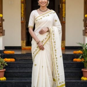 Home Cotton Cream Lotus Print Kerala Saree with Striped Pallu