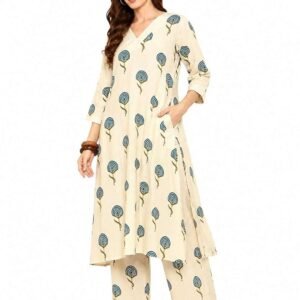 Home Hingoniya Craft Women's Cotton Printed flared kurti with V-neckline and side pockets paired with Matching Palazzo Pant (Beige)